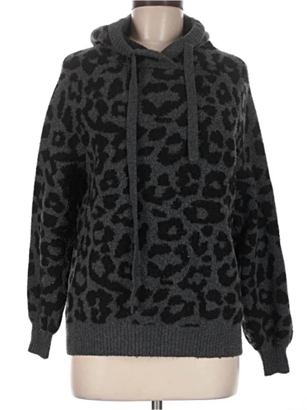 LOFT Gray and Black Leopard-Print Hooded Pullover